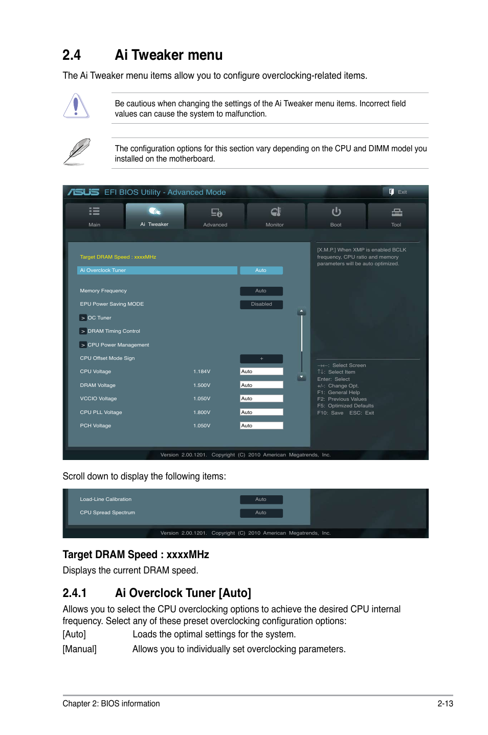 4 ai tweaker menu, 1 ai overclock tuner [auto, Ai tweaker menu -13 2.4.1 | Ai overclock tuner [auto] -13, Scroll down to display the following items, Displays the current dram speed, Chapter 2: bios information 2-13 | Asus P8H61/USB3 User Manual | Page 53 / 73