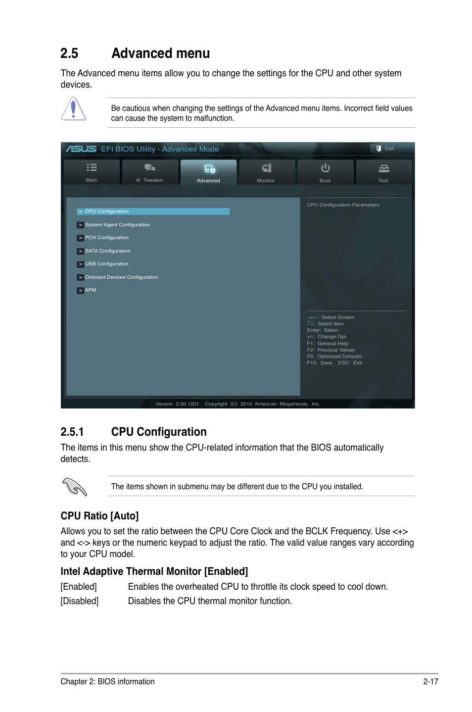 5 advanced menu, 1 cpu configuration, Advanced menu -17 2.5.1 | Cpu configuration -17, Cpu ratio [auto, Intel adaptive thermal monitor [enabled | Asus P8H61/USB3 User Manual | Page 57 / 73