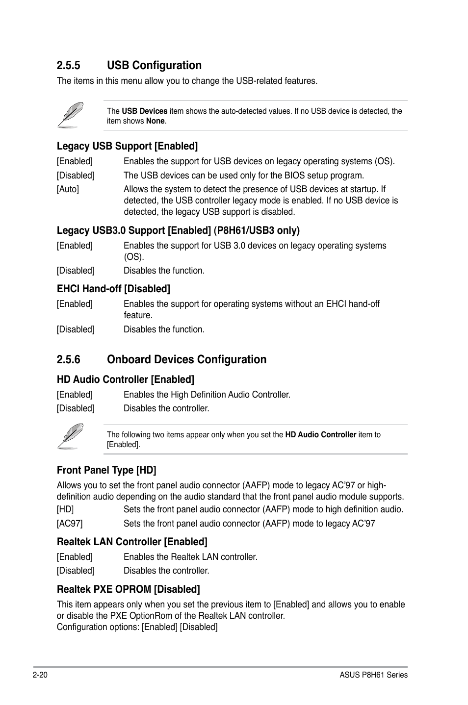 5 usb configuration, 6 onboard devices configuration, Usb configuration -20 | Onboard devices configuration -20 | Asus P8H61/USB3 User Manual | Page 60 / 73