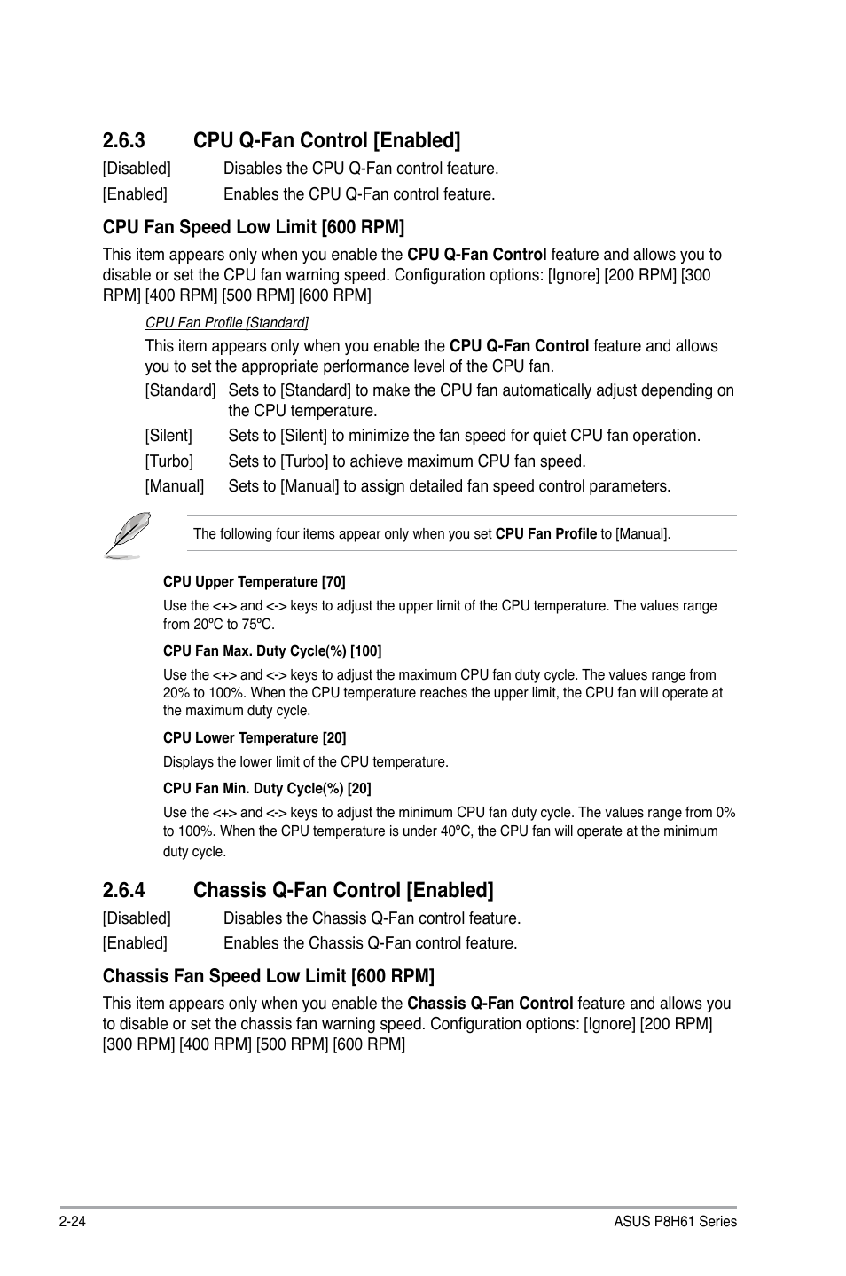 3 cpu q-fan control [enabled, 4 chassis q-fan control [enabled, Cpu q-fan control [enabled] -24 | Chassis q-fan control [enabled] -24 | Asus P8H61/USB3 User Manual | Page 64 / 73