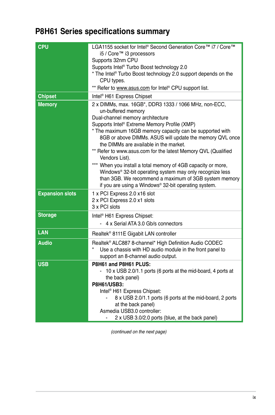 P8h61 series specifications summary | Asus P8H61/USB3 User Manual | Page 9 / 73