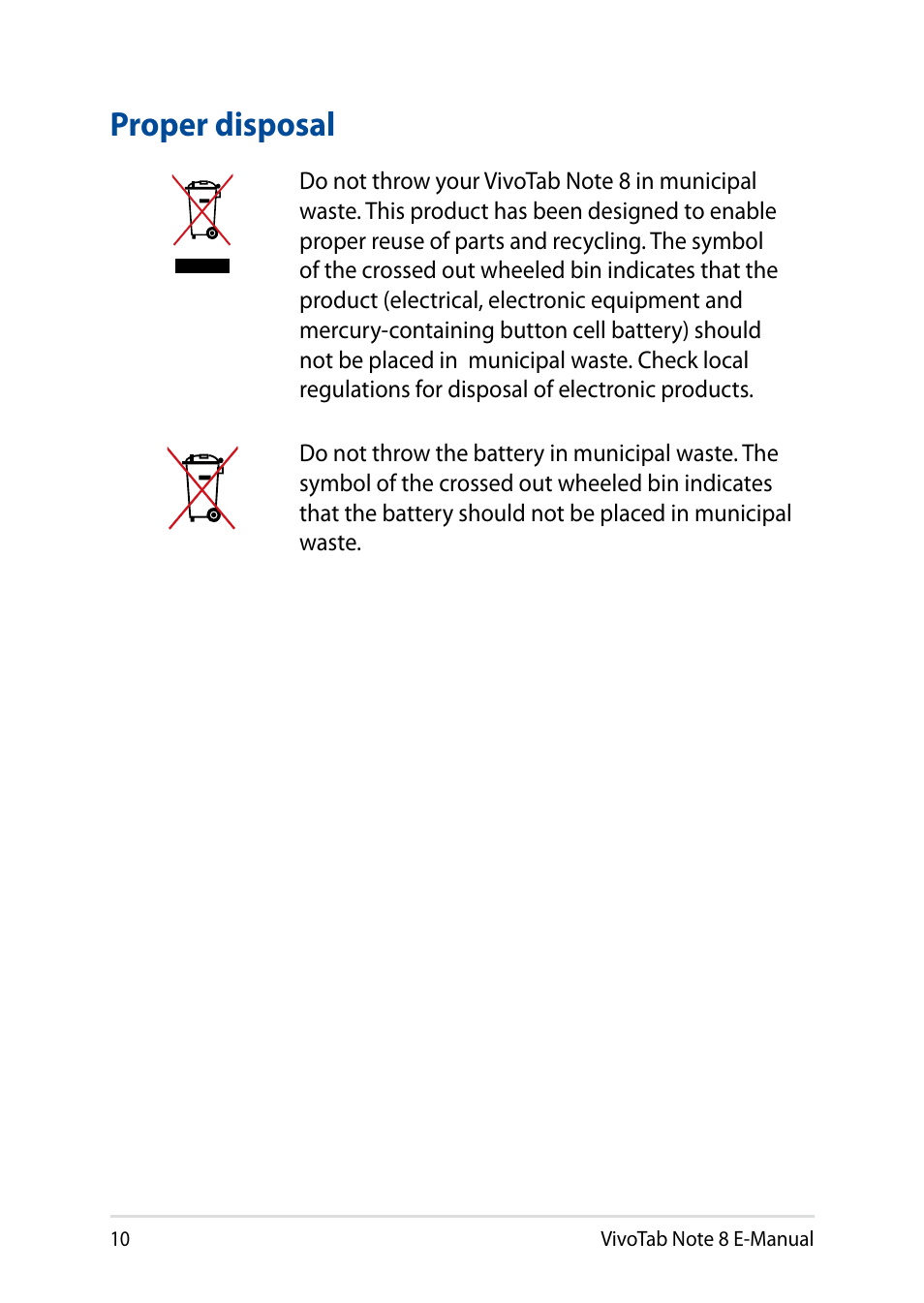 Proper disposal | Asus R80TA User Manual | Page 10 / 76