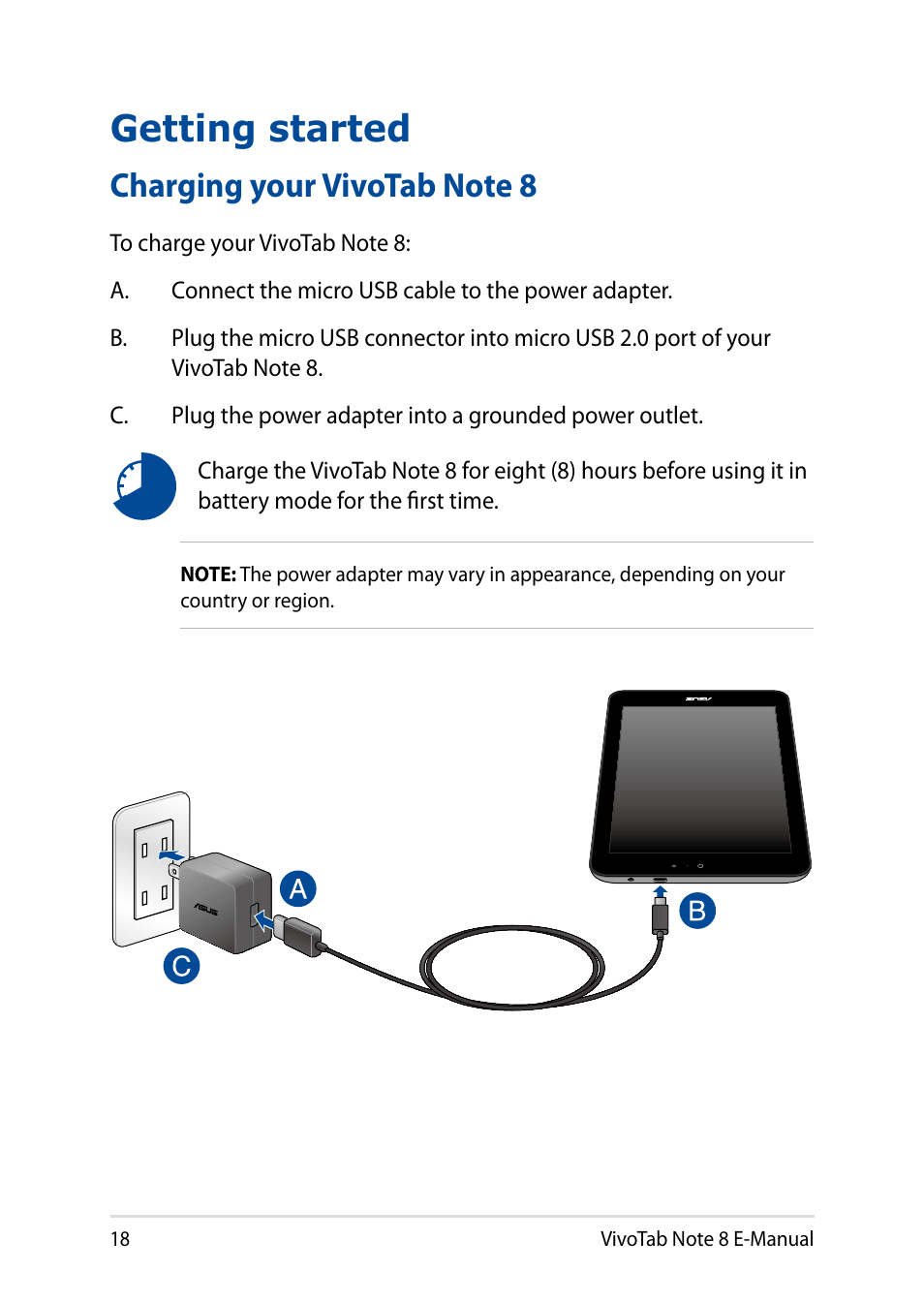 Getting started, Charging your vivotab note 8 | Asus R80TA User Manual | Page 18 / 76