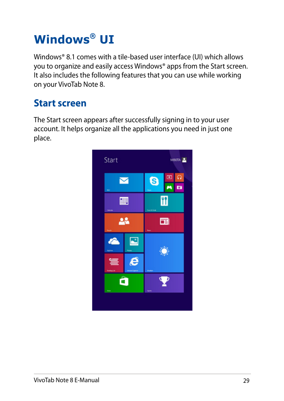 Windows® ui, Start screen, Windows | Asus R80TA User Manual | Page 29 / 76