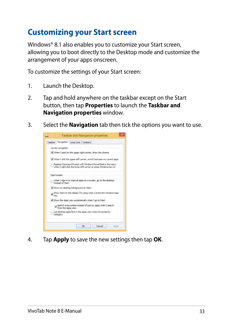 Customizing your start screen | Asus R80TA User Manual | Page 33 / 76