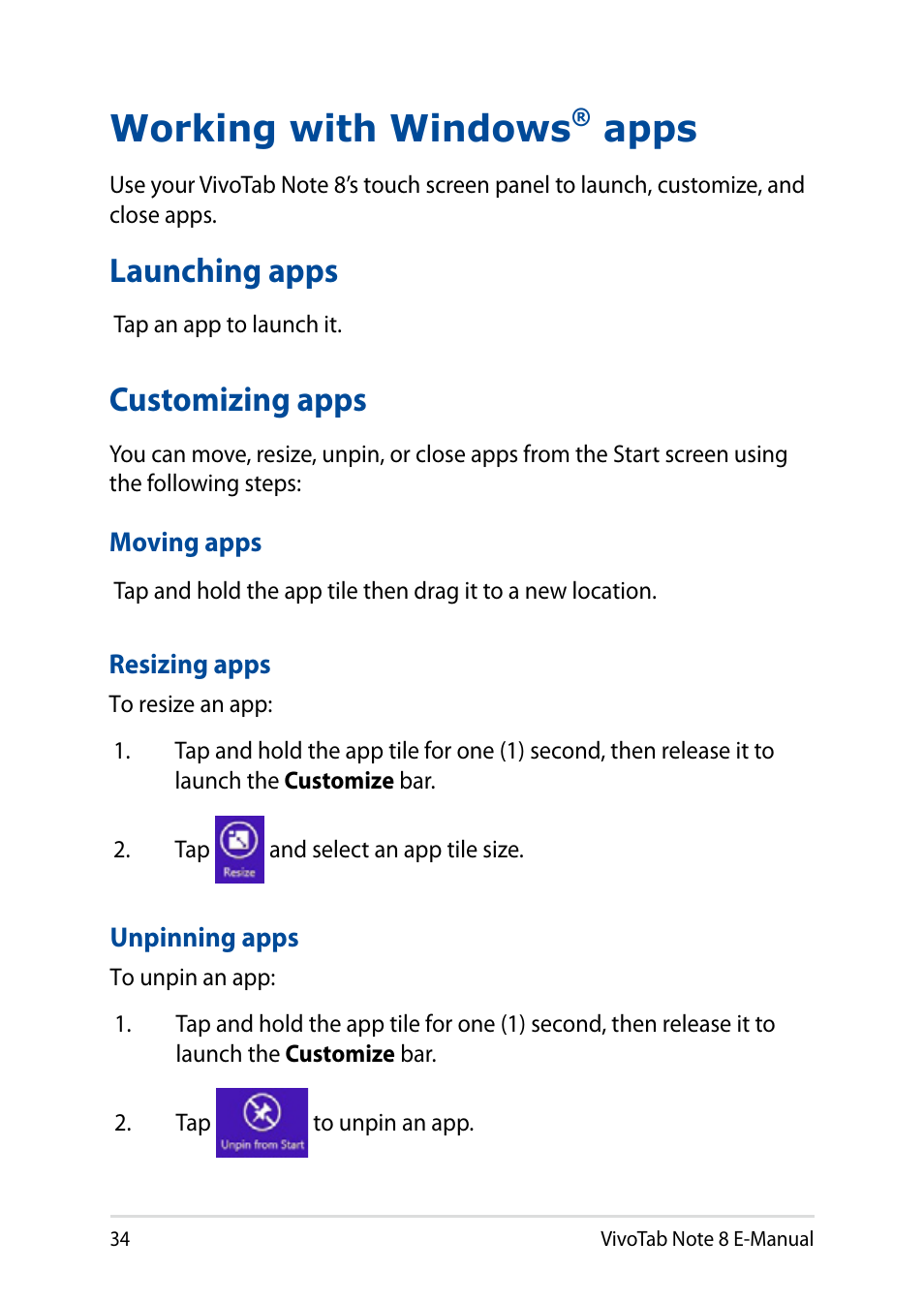 Working with windows® apps, Launching apps, Customizing apps | Working with windows, Apps, Launching apps customizing apps | Asus R80TA User Manual | Page 34 / 76