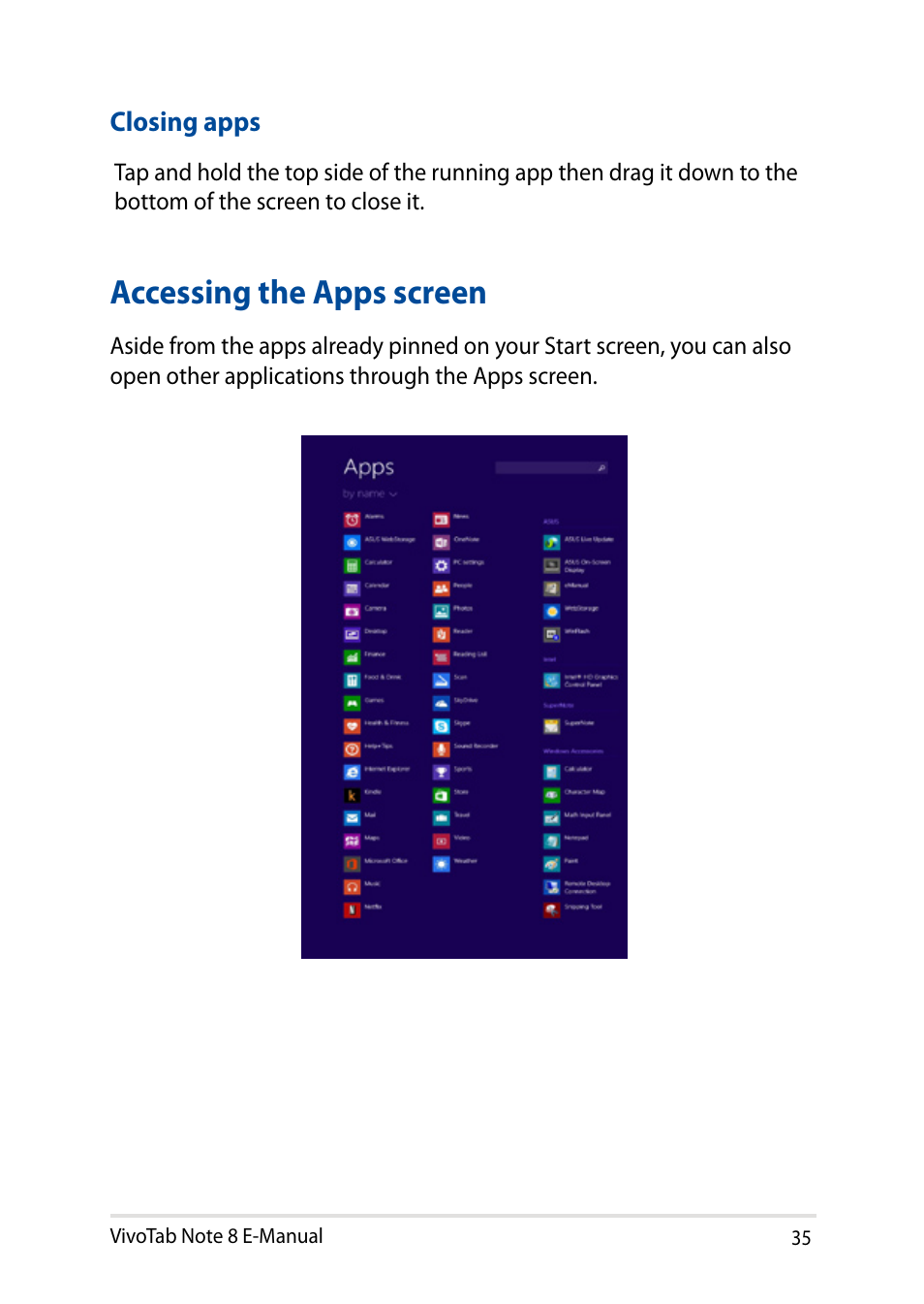 Accessing the apps screen | Asus R80TA User Manual | Page 35 / 76