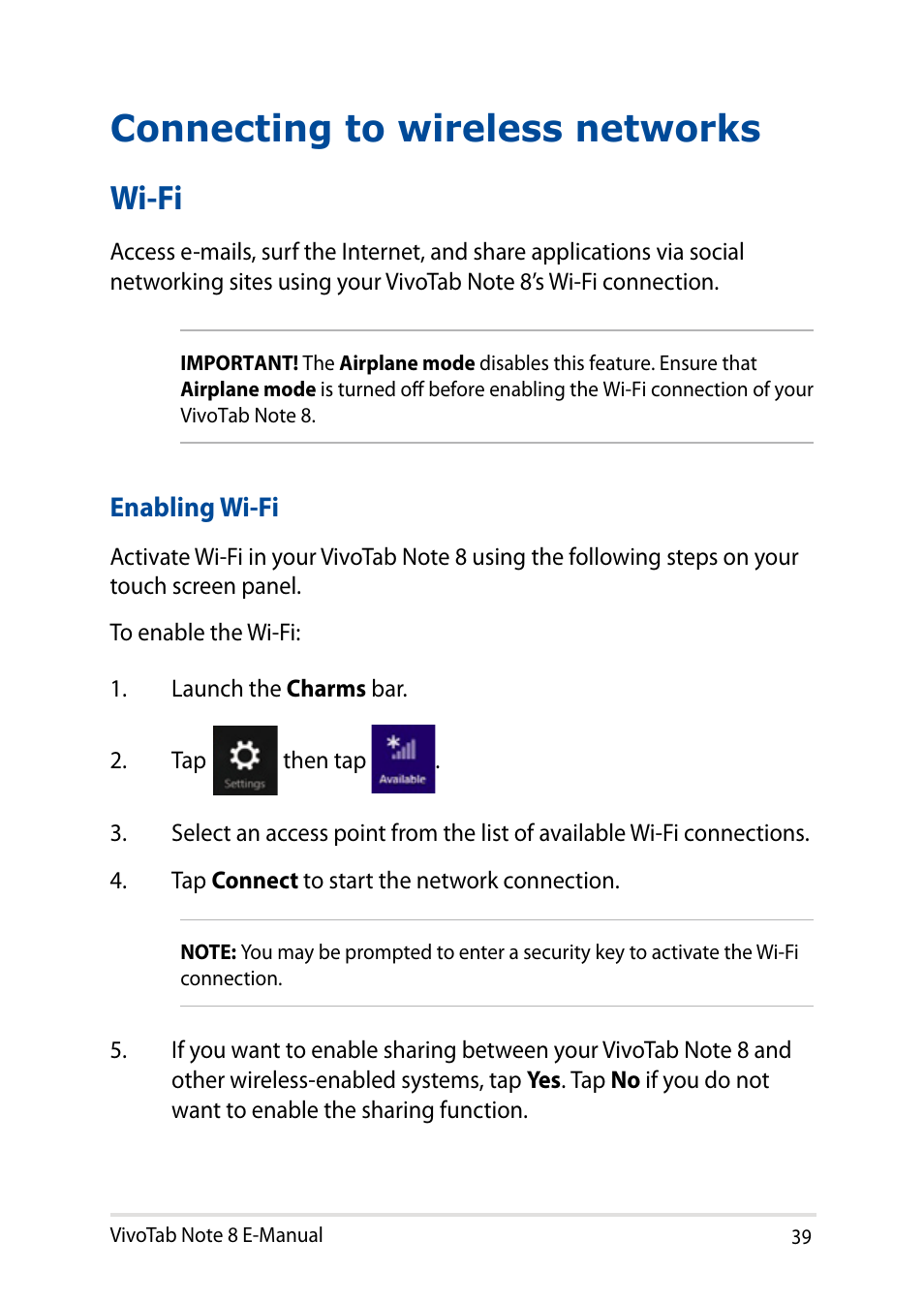 Connecting to wireless networks, Wi-fi | Asus R80TA User Manual | Page 39 / 76