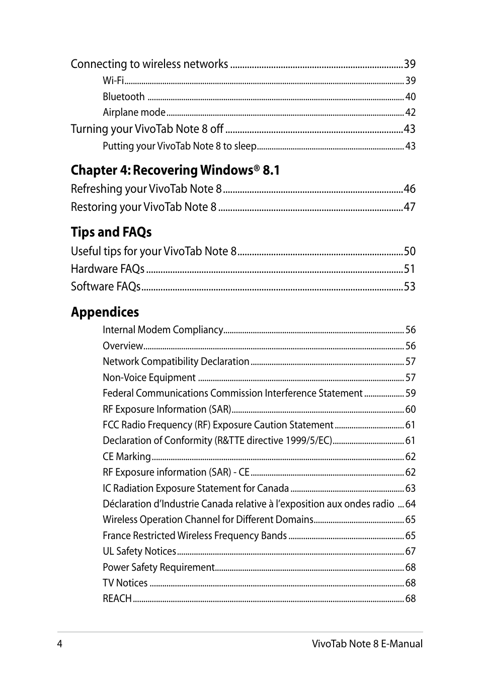 Chapter 4: recovering windows® 8.1, Tips and faqs, Appendices | Asus R80TA User Manual | Page 4 / 76