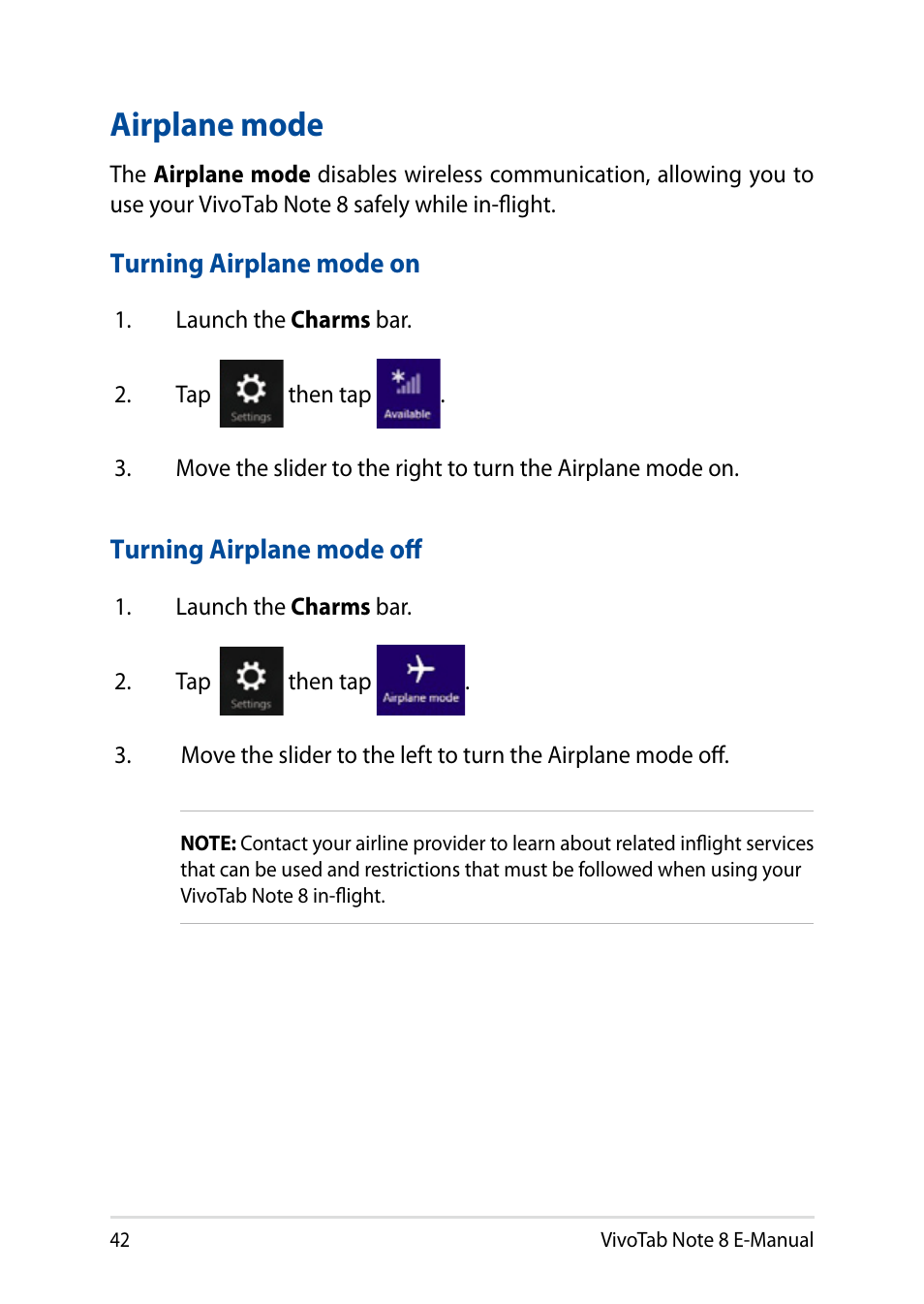 Airplane mode | Asus R80TA User Manual | Page 42 / 76