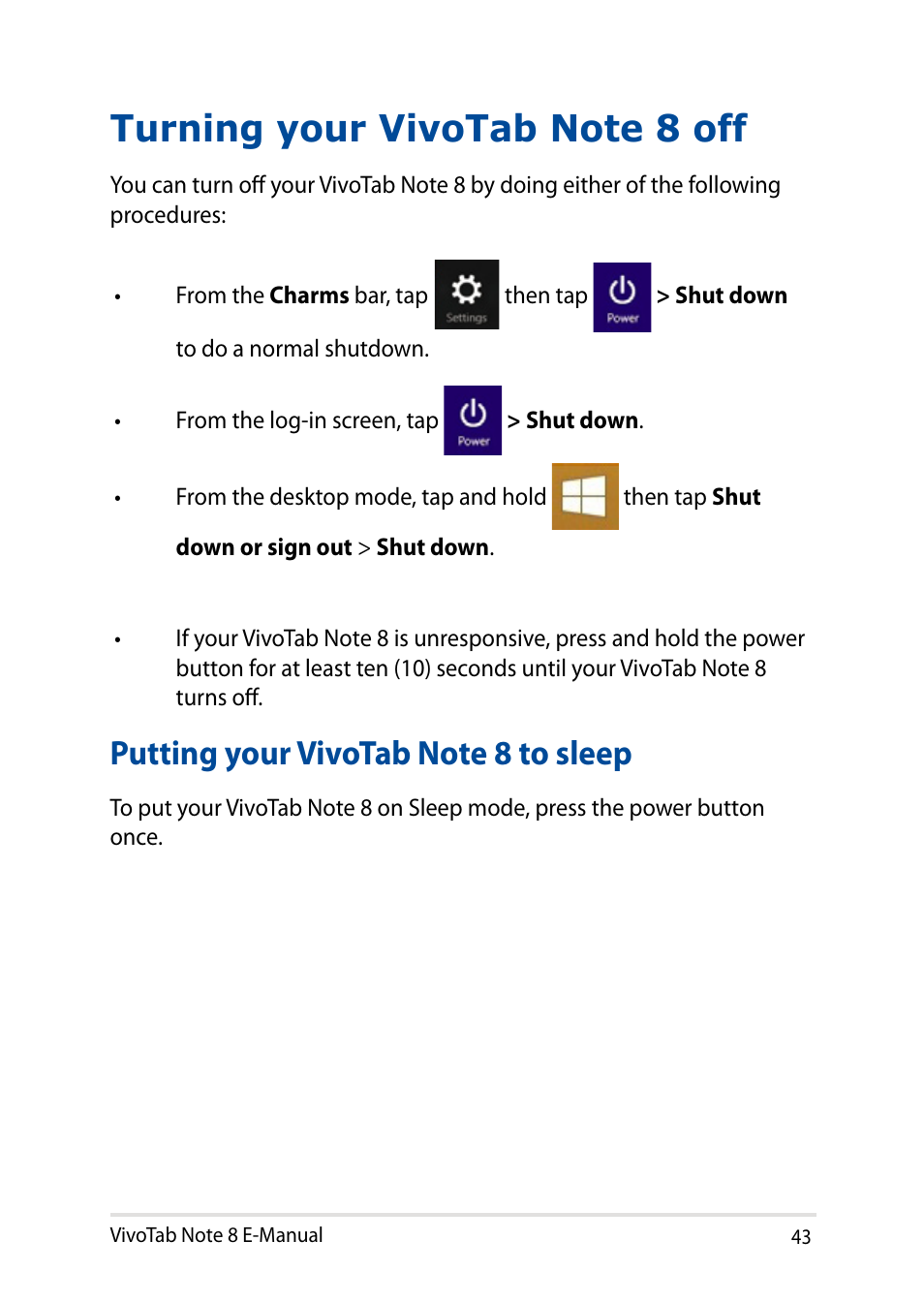 Turning your vivotab note 8 off, Putting your vivotab note 8 to sleep | Asus R80TA User Manual | Page 43 / 76