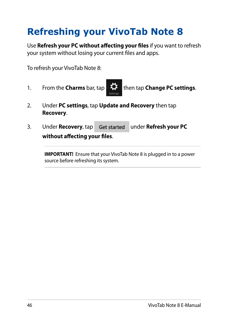 Refreshing your vivotab note 8 | Asus R80TA User Manual | Page 46 / 76