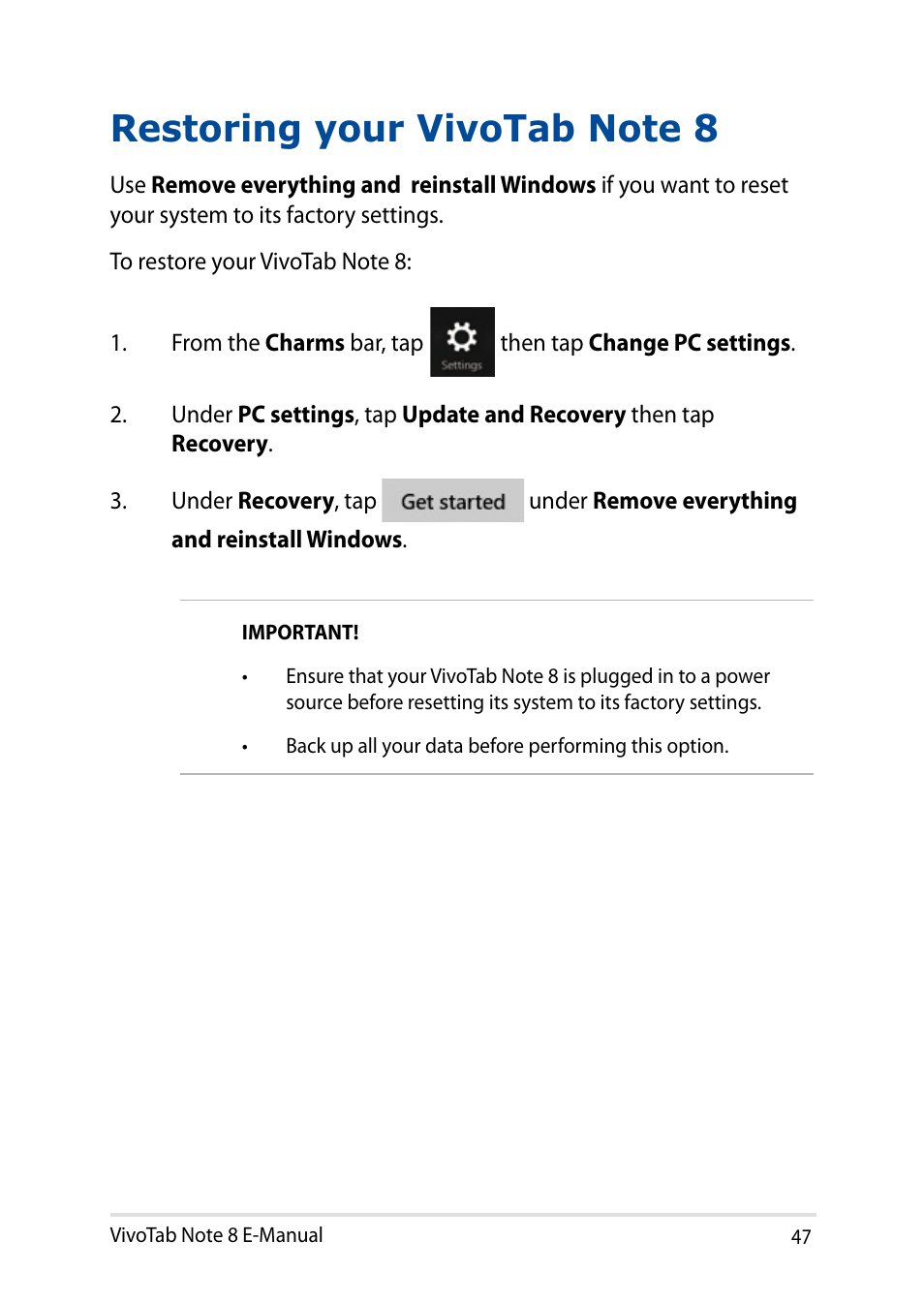 Restoring your vivotab note 8 | Asus R80TA User Manual | Page 47 / 76