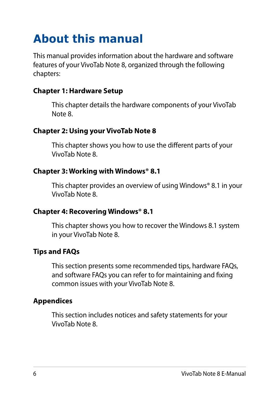 About this manual | Asus R80TA User Manual | Page 6 / 76