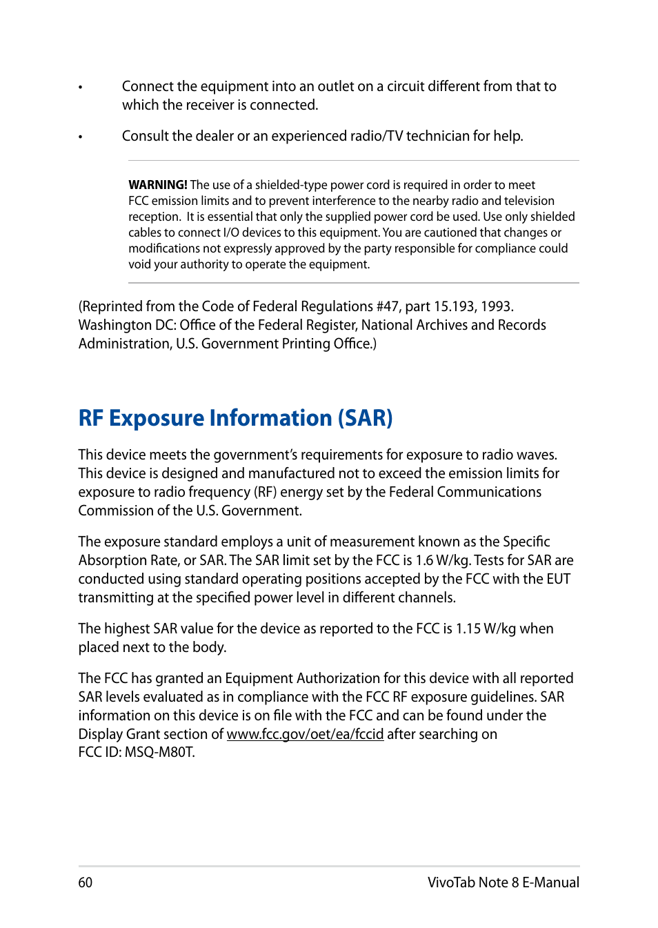 Rf exposure information (sar) | Asus R80TA User Manual | Page 60 / 76