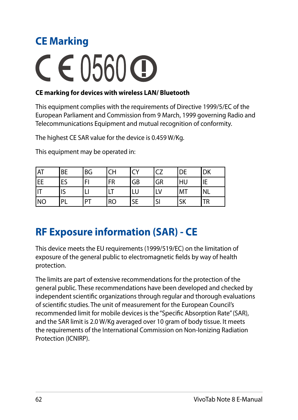 Ce marking, Rf exposure information (sar) - ce, Ce marking rf exposure information (sar) - ce | Asus R80TA User Manual | Page 62 / 76