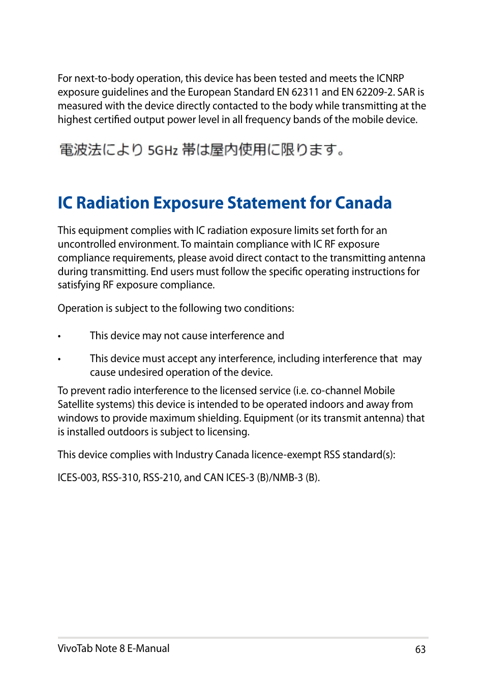 Ic radiation exposure statement for canada | Asus R80TA User Manual | Page 63 / 76