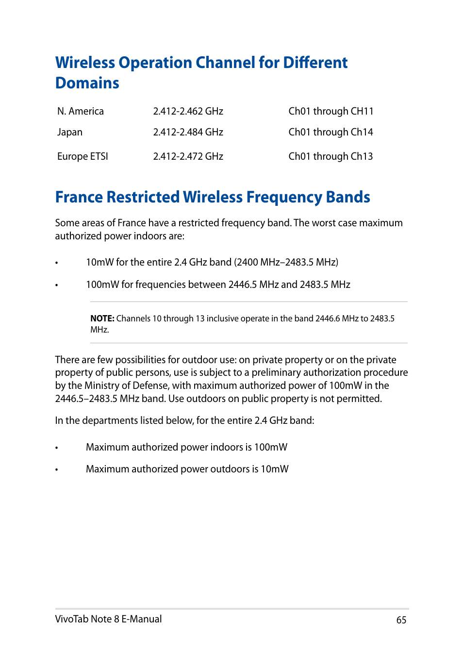 Wireless operation channel for different domains, France restricted wireless frequency bands | Asus R80TA User Manual | Page 65 / 76