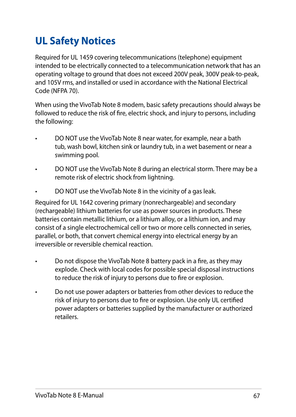 Ul safety notices | Asus R80TA User Manual | Page 67 / 76