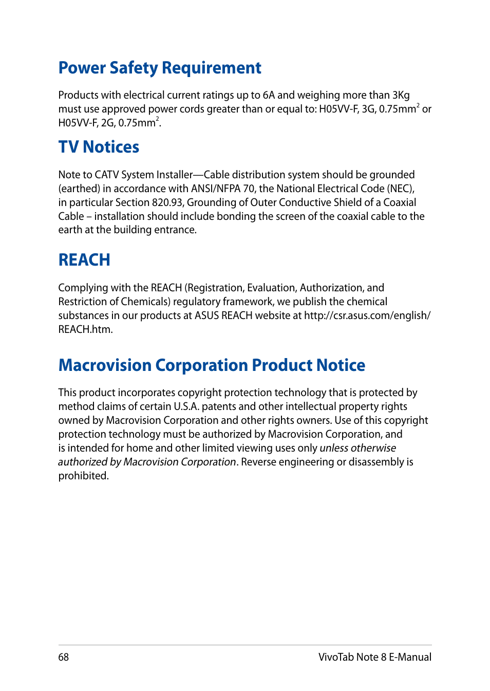 Power safety requirement, Tv notices, Reach | Macrovision corporation product notice, Power safety requirement tv notices reach | Asus R80TA User Manual | Page 68 / 76