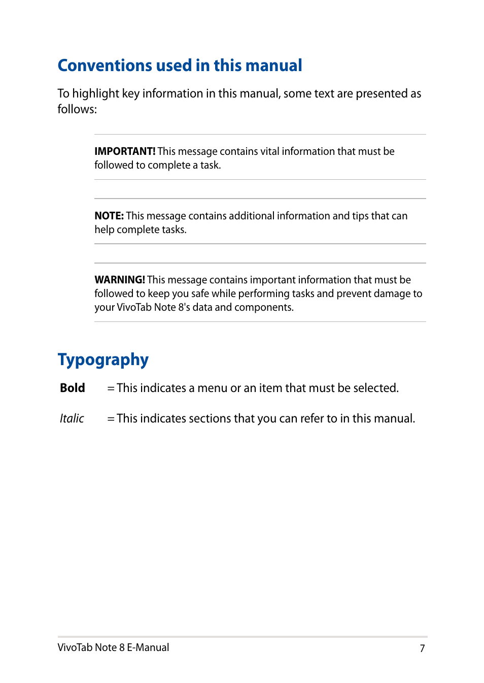 Conventions used in this manual, Typography, Conventions used in this manual typography | Asus R80TA User Manual | Page 7 / 76