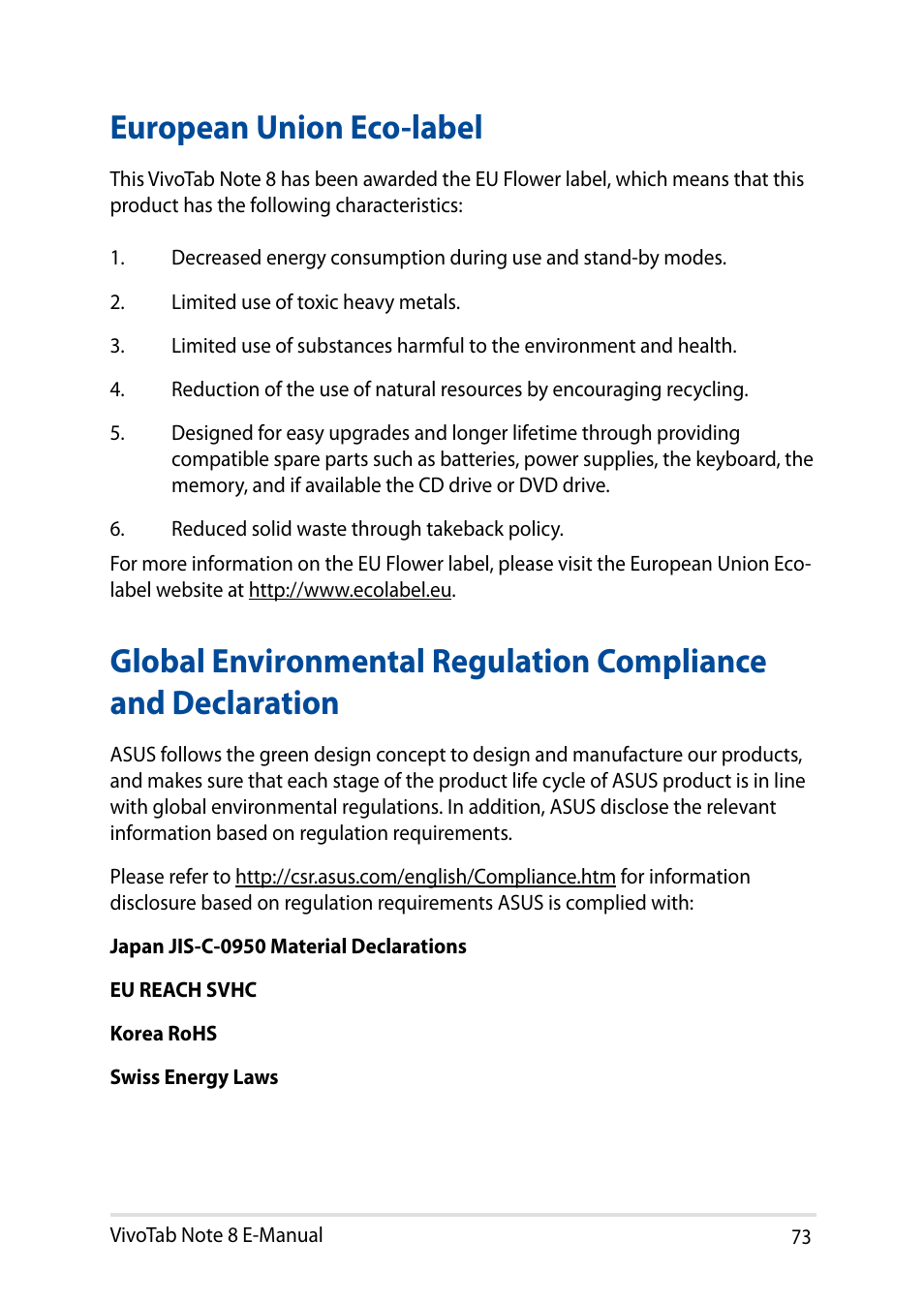 European union eco-label | Asus R80TA User Manual | Page 73 / 76