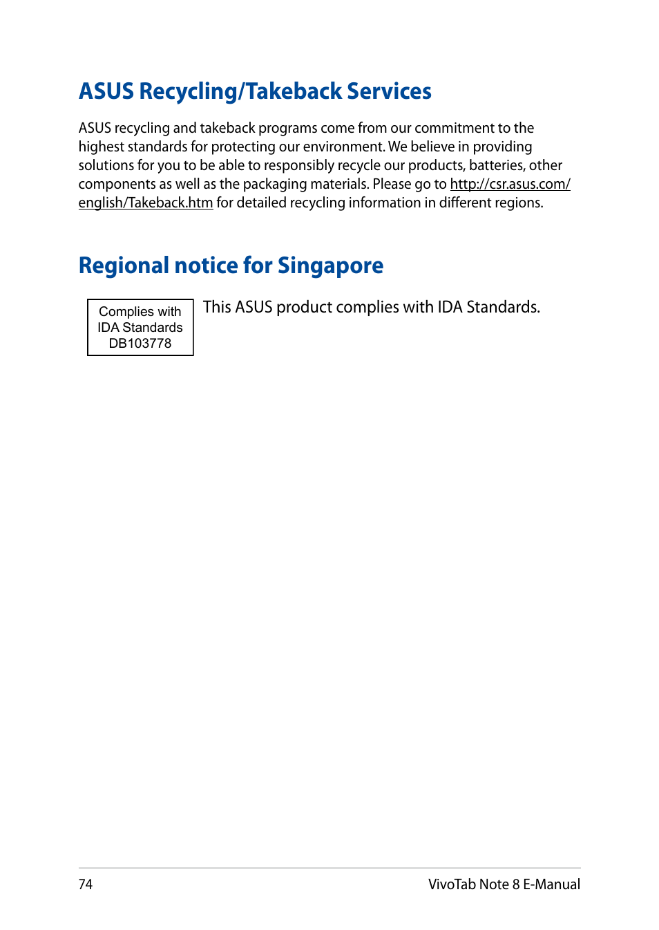 Asus recycling/takeback services, Regional notice for singapore | Asus R80TA User Manual | Page 74 / 76