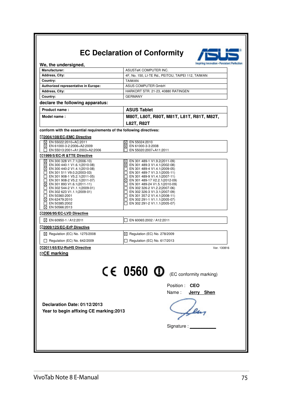 Ec declaration of conformity | Asus R80TA User Manual | Page 75 / 76