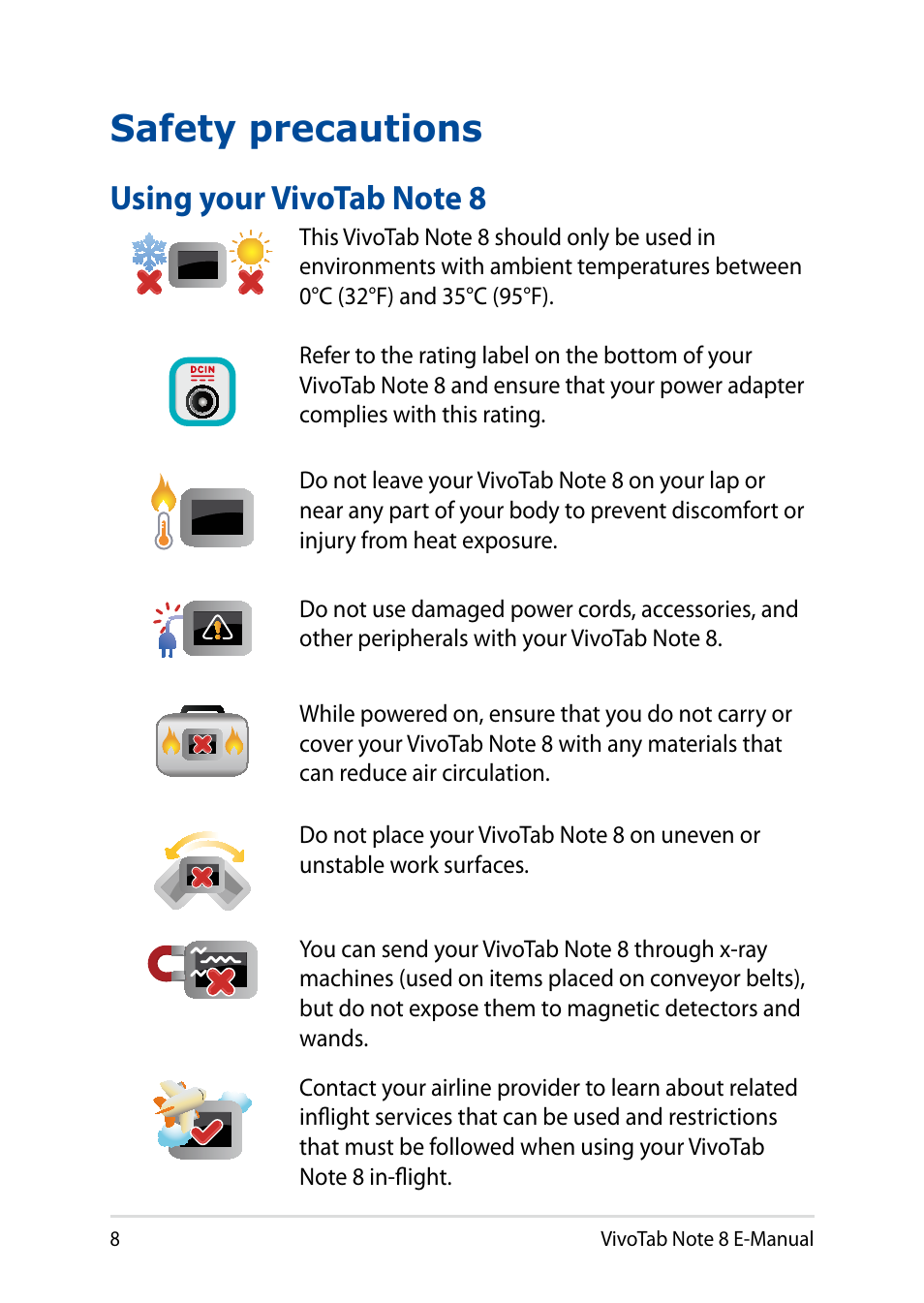 Safety precautions, Using your vivotab note 8 | Asus R80TA User Manual | Page 8 / 76