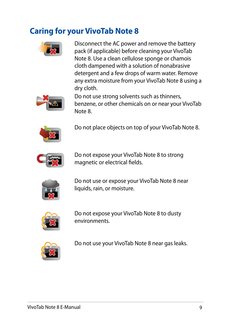 Caring for your vivotab note 8 | Asus R80TA User Manual | Page 9 / 76