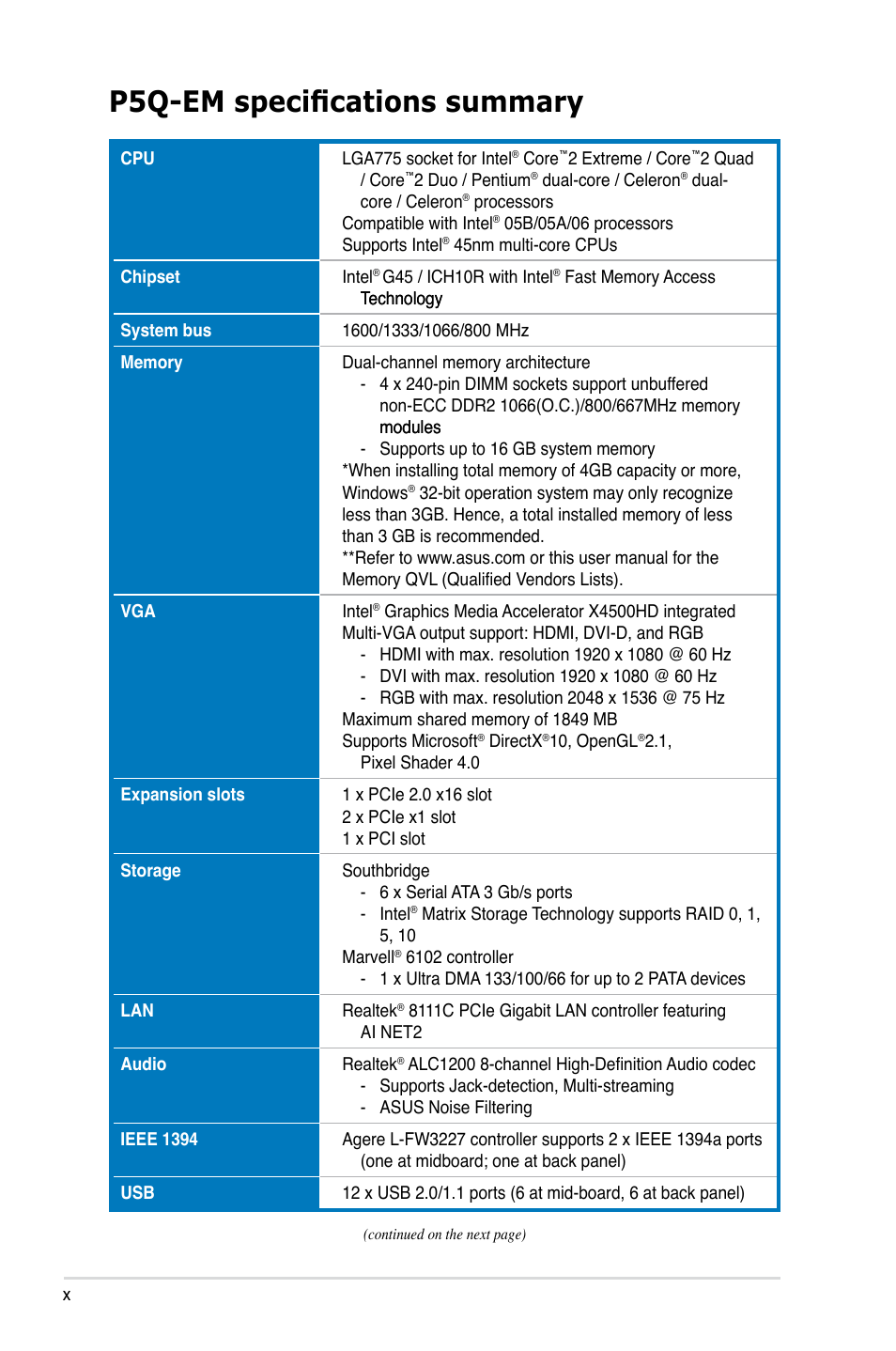 P5q-em specifications summary | Asus P5Q-EM User Manual | Page 10 / 122