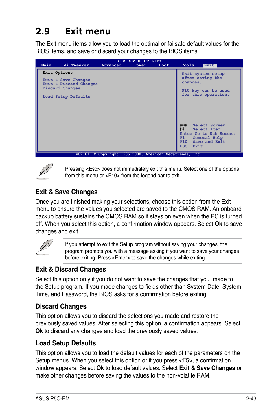 9 exit menu, Exit menu -43, Exit & save changes | Exit & discard changes, Discard changes, Load setup defaults | Asus P5Q-EM User Manual | Page 101 / 122