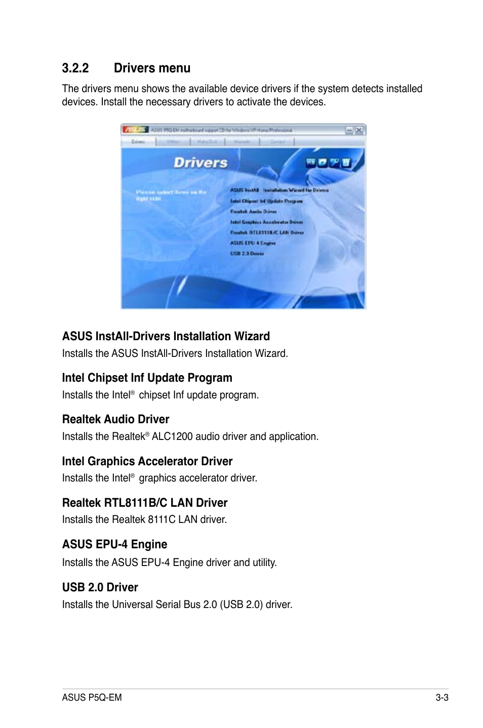 2 drivers menu, Drivers menu -3 | Asus P5Q-EM User Manual | Page 105 / 122