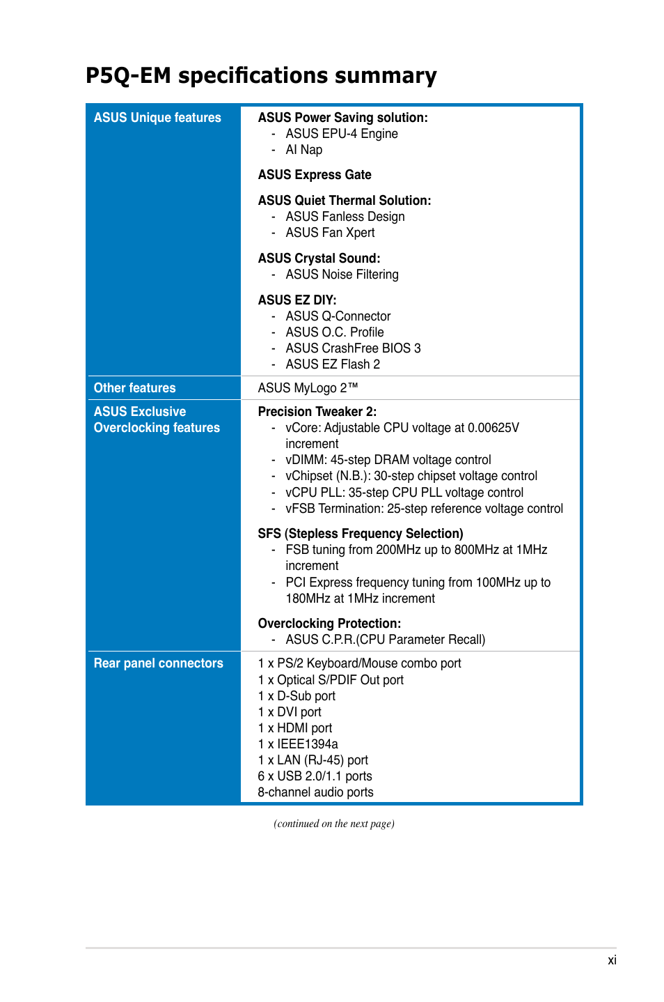 P5q-em specifications summary | Asus P5Q-EM User Manual | Page 11 / 122