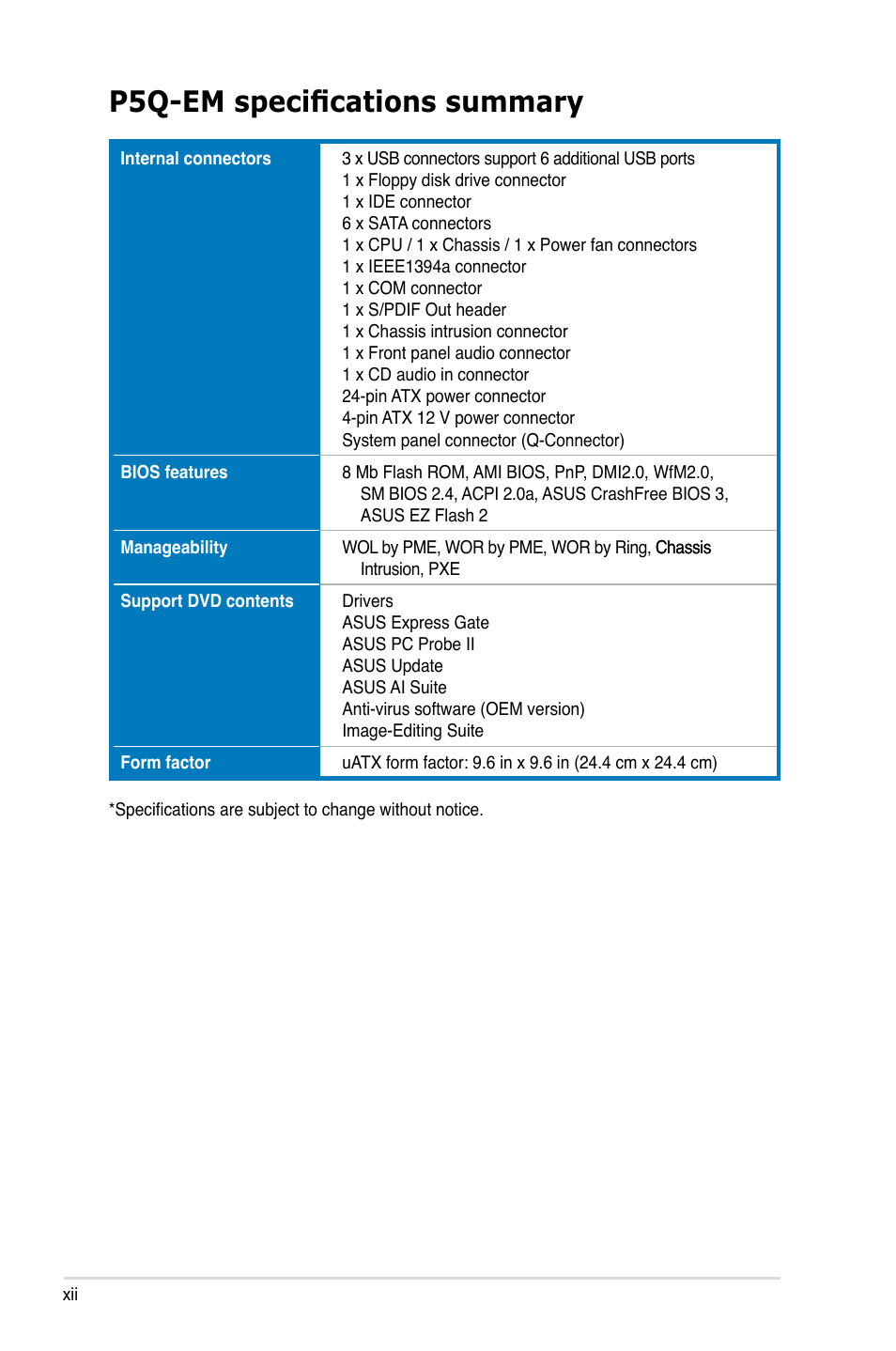 P5q-em specifications summary | Asus P5Q-EM User Manual | Page 12 / 122