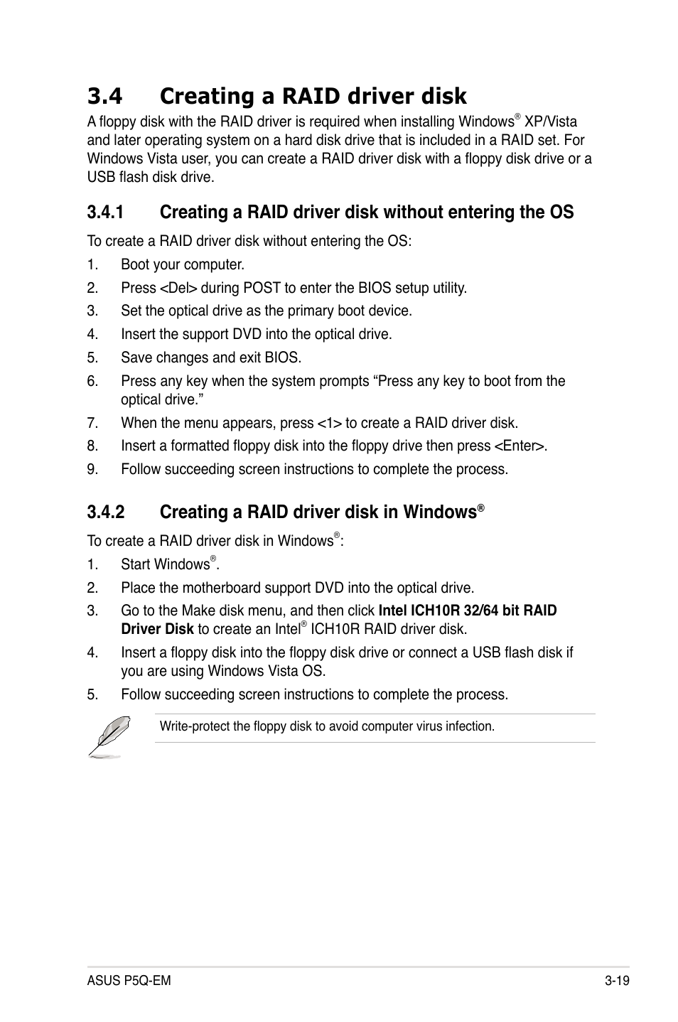 4 creating a raid driver disk, 2 creating a raid driver disk in windows, Creating a raid driver disk -19 3.4.1 | Creating a raid driver disk in windows | Asus P5Q-EM User Manual | Page 121 / 122