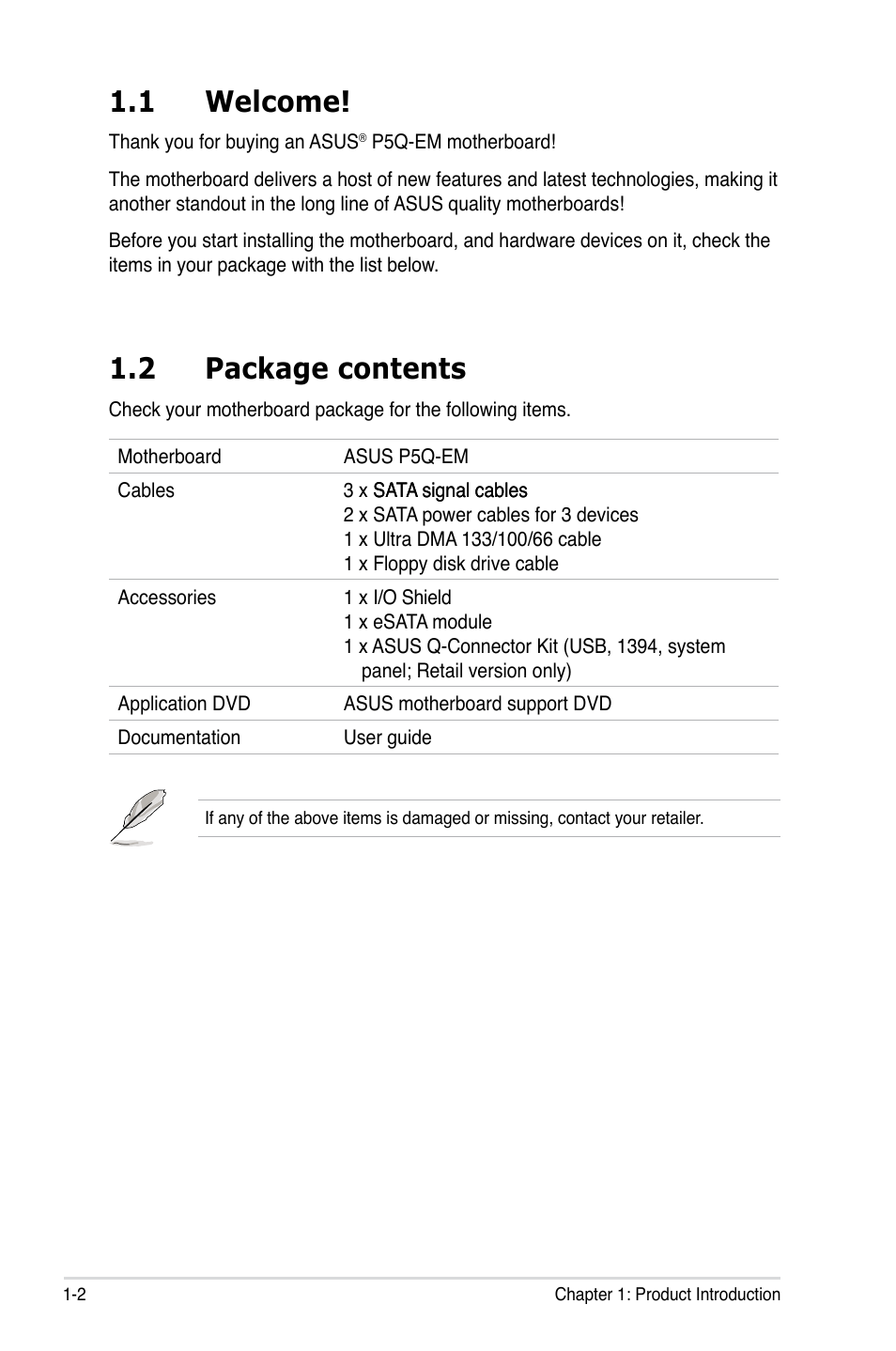 1 welcome, 2 package contents, Welcome! -2 | Package contents -2 | Asus P5Q-EM User Manual | Page 14 / 122