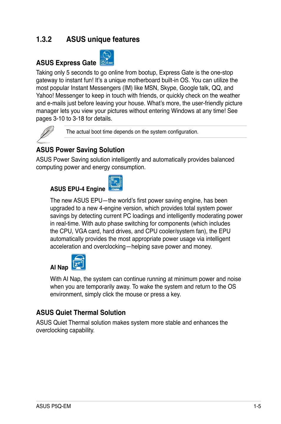 2 asus unique features, Asus unique features -5 | Asus P5Q-EM User Manual | Page 17 / 122