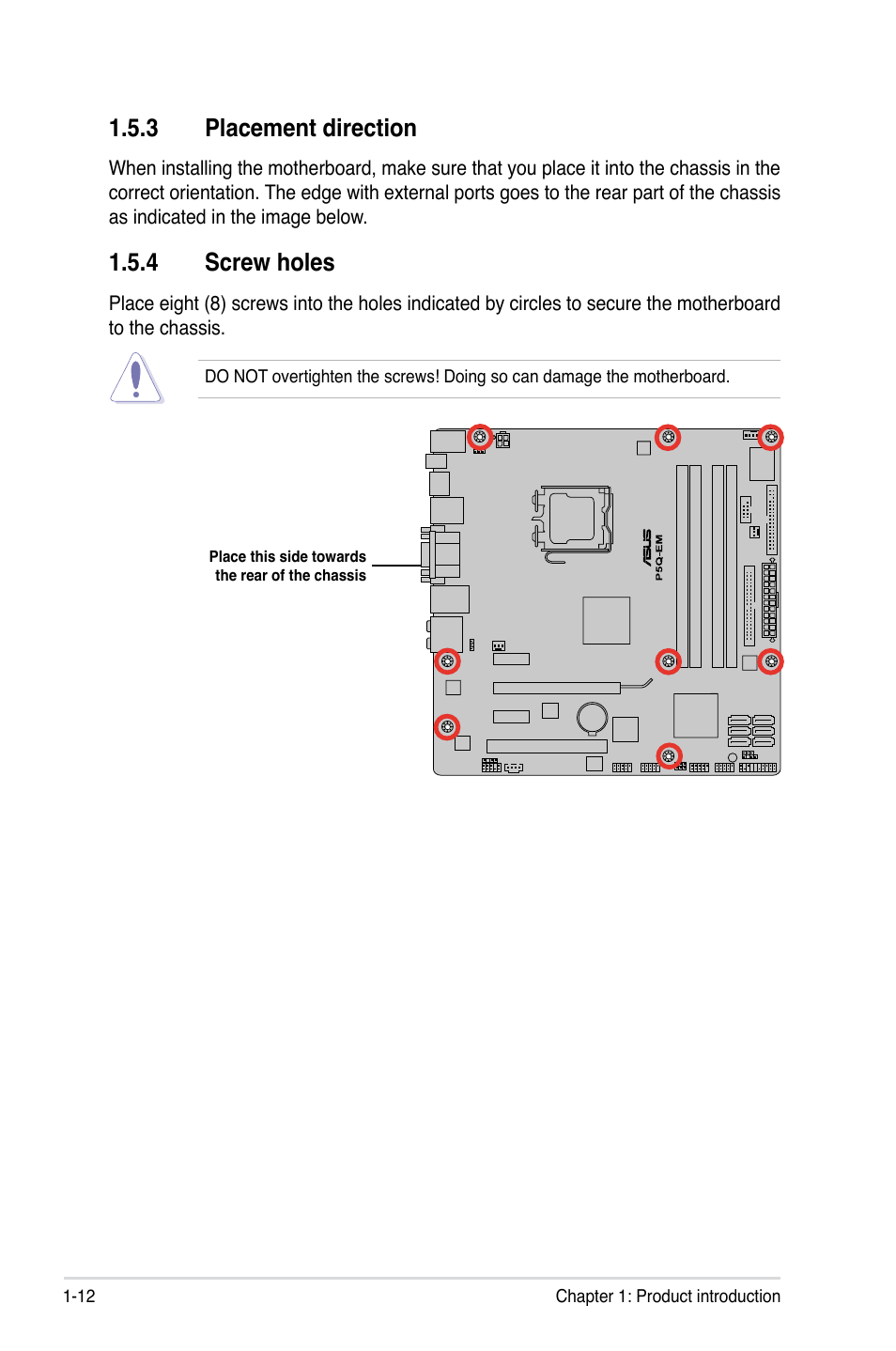 3 placement direction, 4 screw holes, Placement direction -12 | Screw holes -12 | Asus P5Q-EM User Manual | Page 24 / 122