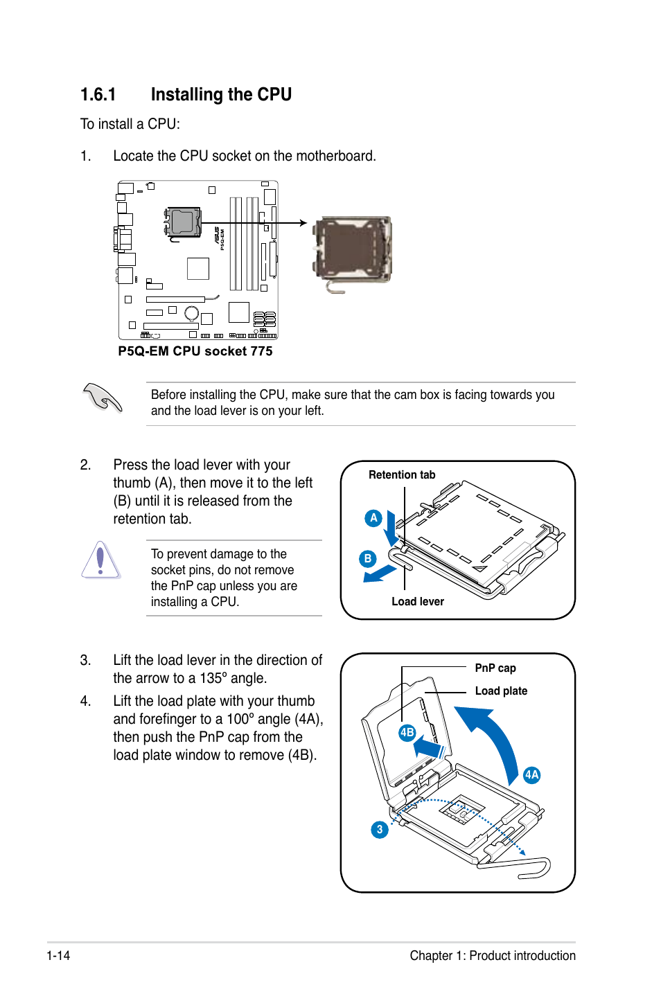 1 installing the cpu, Installing the cpu -14 | Asus P5Q-EM User Manual | Page 26 / 122