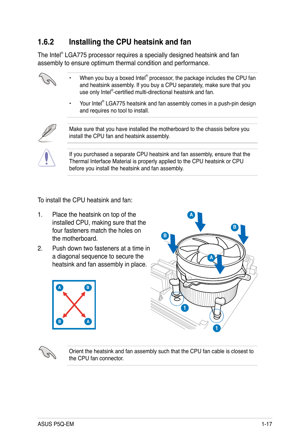 2 installing the cpu heatsink and fan, Installing the cpu heatsink and fan -17 | Asus P5Q-EM User Manual | Page 29 / 122