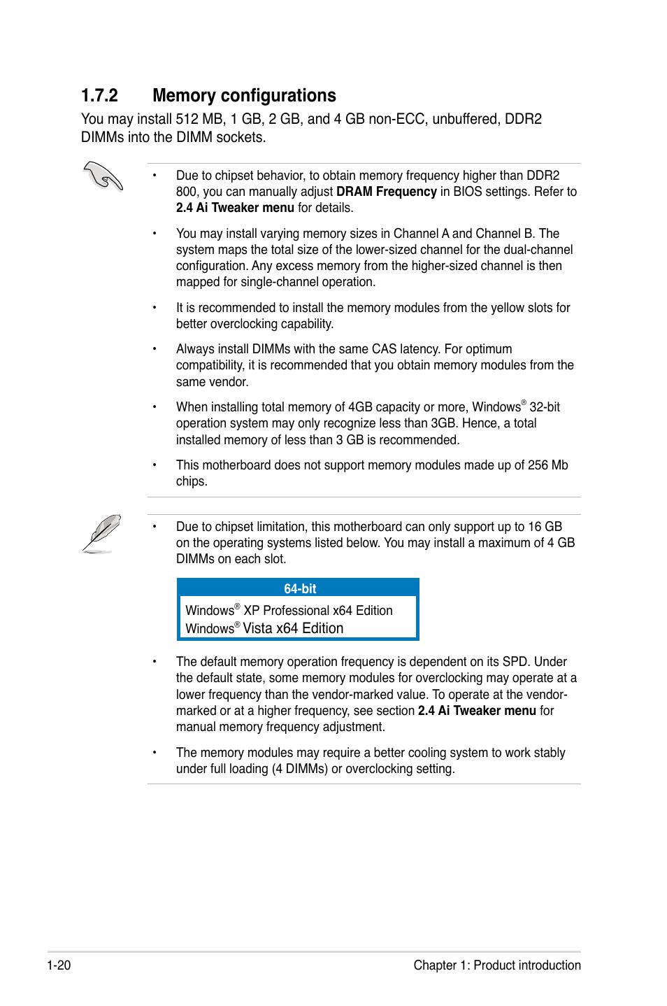 2 memory configurations, Memory configurations -20 | Asus P5Q-EM User Manual | Page 32 / 122