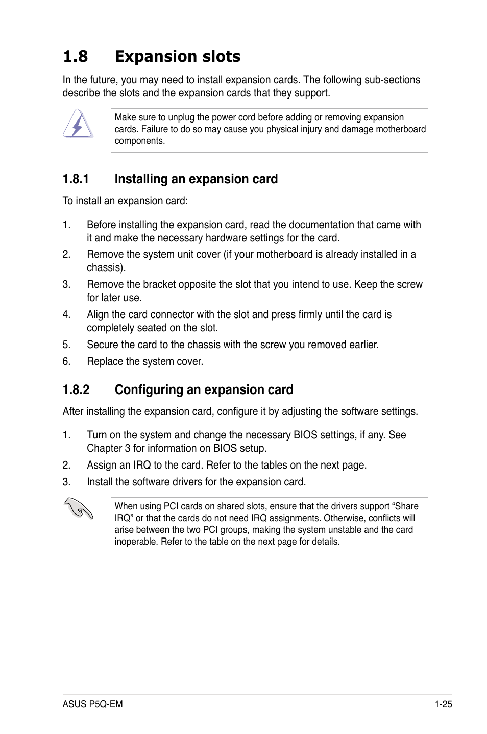 8 expansion slots, 1 installing an expansion card, 2 configuring an expansion card | Expansion slots -25 1.8.1, Installing an expansion card -25, Configuring an expansion card -25 | Asus P5Q-EM User Manual | Page 37 / 122