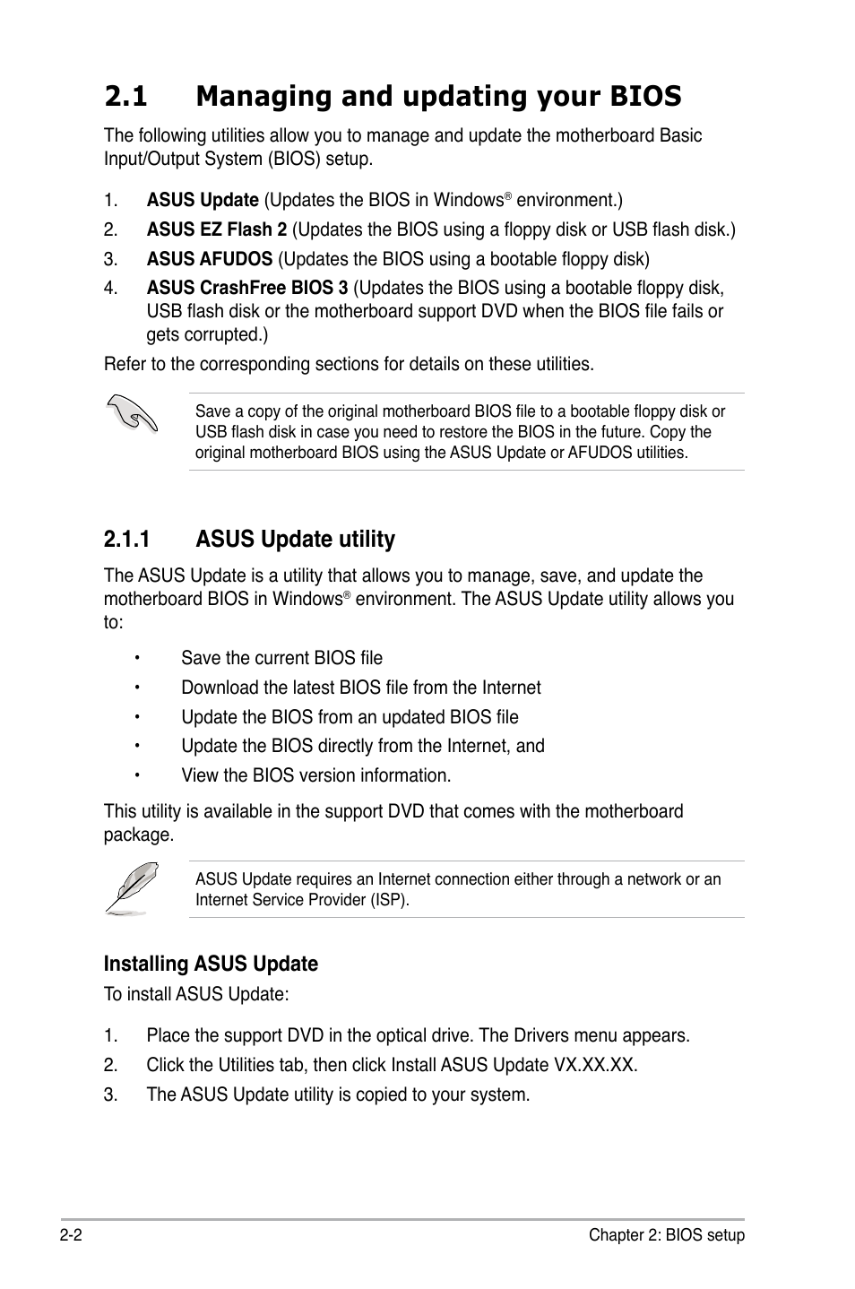 1 managing and updating your bios, 1 asus update utility, Managing and updating your bios -2 2.1.1 | Asus update utility -2 | Asus P5Q-EM User Manual | Page 60 / 122