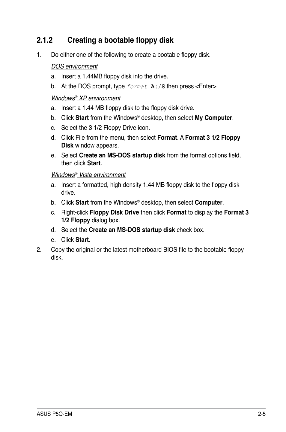 2 creating a bootable floppy disk, Creating a bootable floppy disk -5 | Asus P5Q-EM User Manual | Page 63 / 122