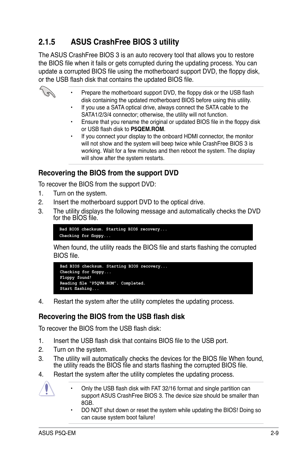 5 asus crashfree bios 3 utility, Asus crashfree bios 3 utility -9, Recovering the bios from the support dvd | Recovering the bios from the usb flash disk | Asus P5Q-EM User Manual | Page 67 / 122