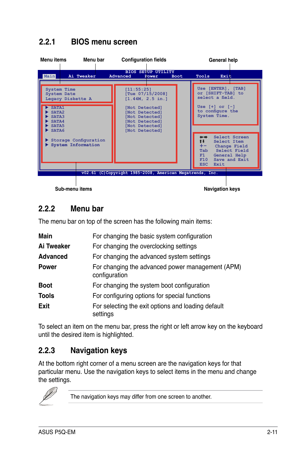 1 bios menu screen, 2 menu bar, 3 navigation keys | Bios menu screen -11, Menu bar -11, Navigation keys -11 | Asus P5Q-EM User Manual | Page 69 / 122