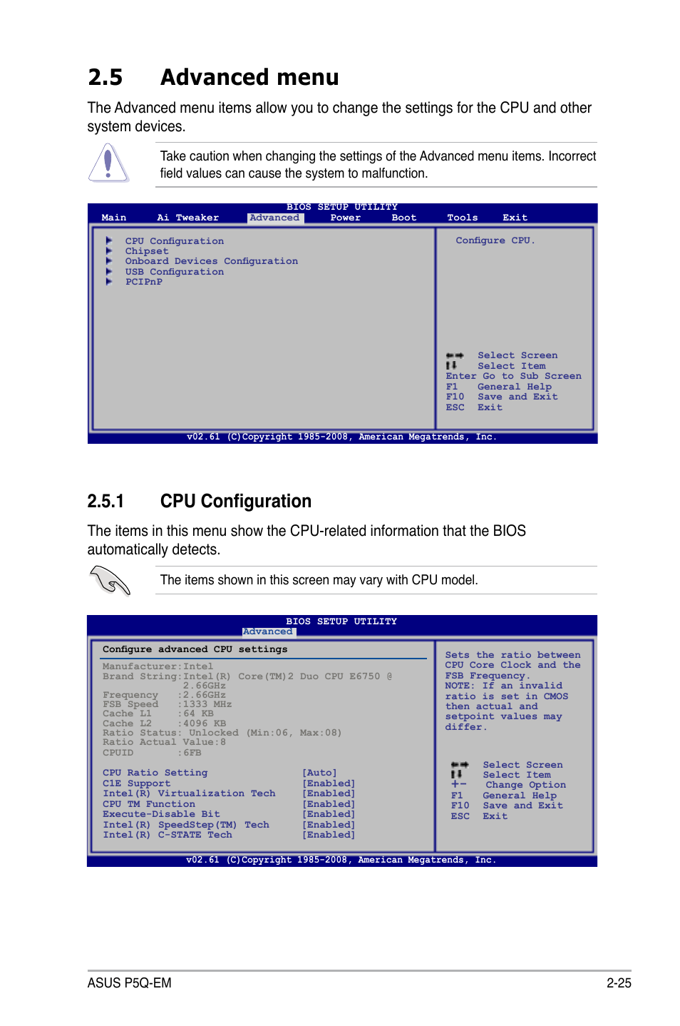 5 advanced menu, 1 cpu configuration, Advanced menu -25 | Cpu configuration -25, Asus p5q-em 2-25 | Asus P5Q-EM User Manual | Page 83 / 122