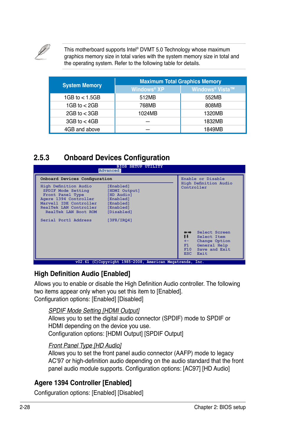 3 onboard devices configuration, Onboard devices configuration -28, High definition audio [enabled | Agere 1394 controller [enabled, Configuration options: [enabled] [disabled | Asus P5Q-EM User Manual | Page 86 / 122