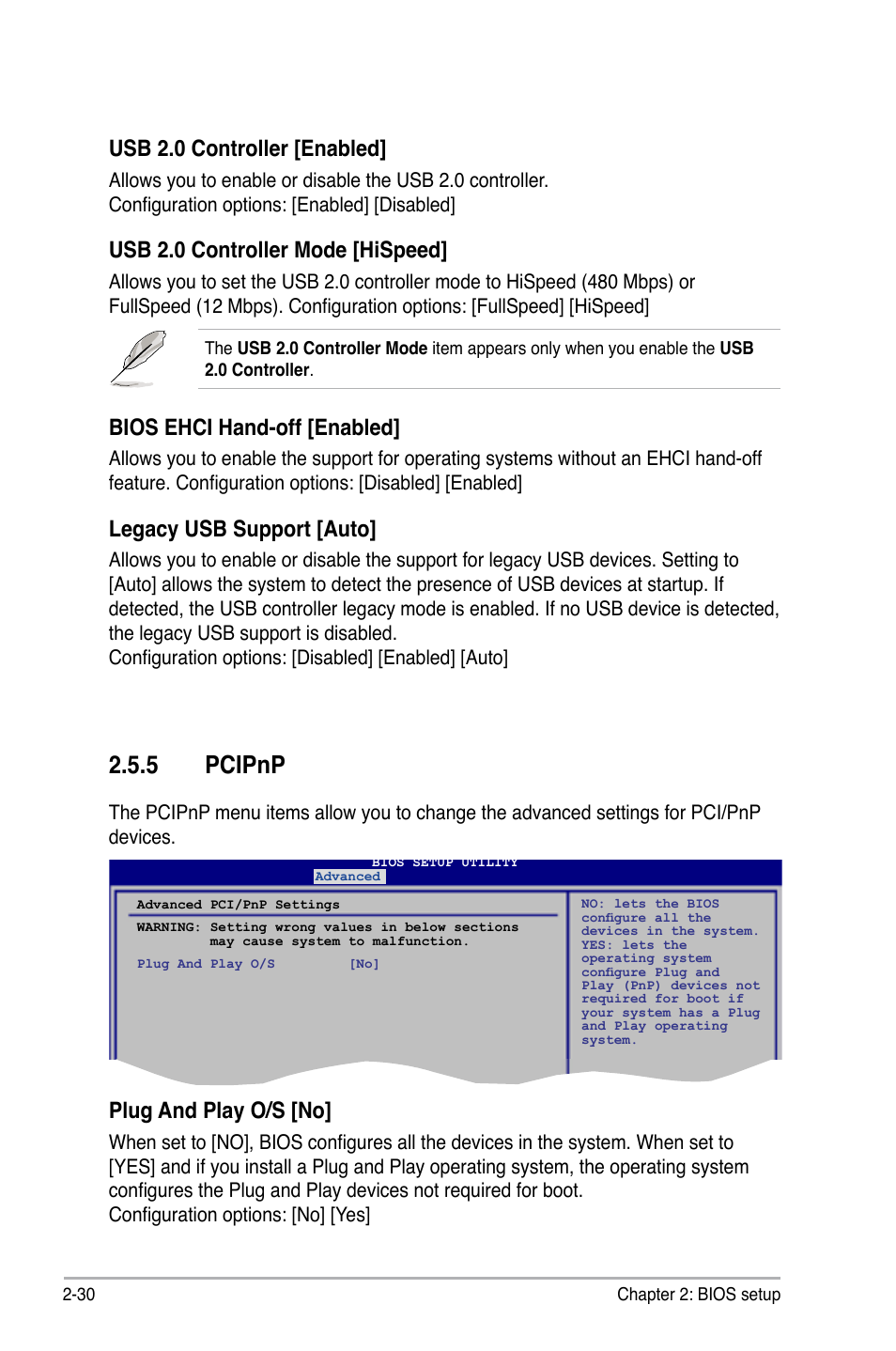 5 pcipnp, Pcipnp -30, Usb 2.0 controller [enabled | Usb 2.0 controller mode [hispeed, Bios ehci hand-off [enabled, Legacy usb support [auto, Plug and play o/s [no | Asus P5Q-EM User Manual | Page 88 / 122